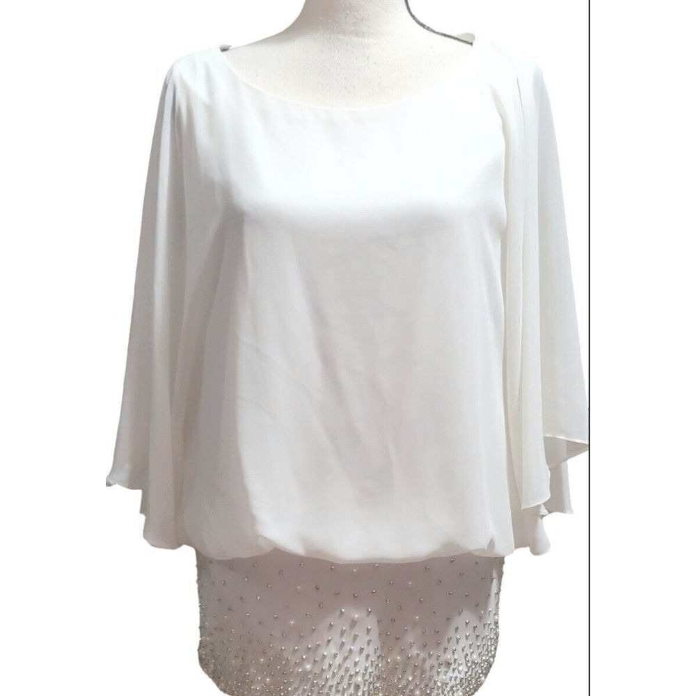 TAHARI Levine White Batwing party event Blouse Size L Studded Rhinestone‎ Beaded